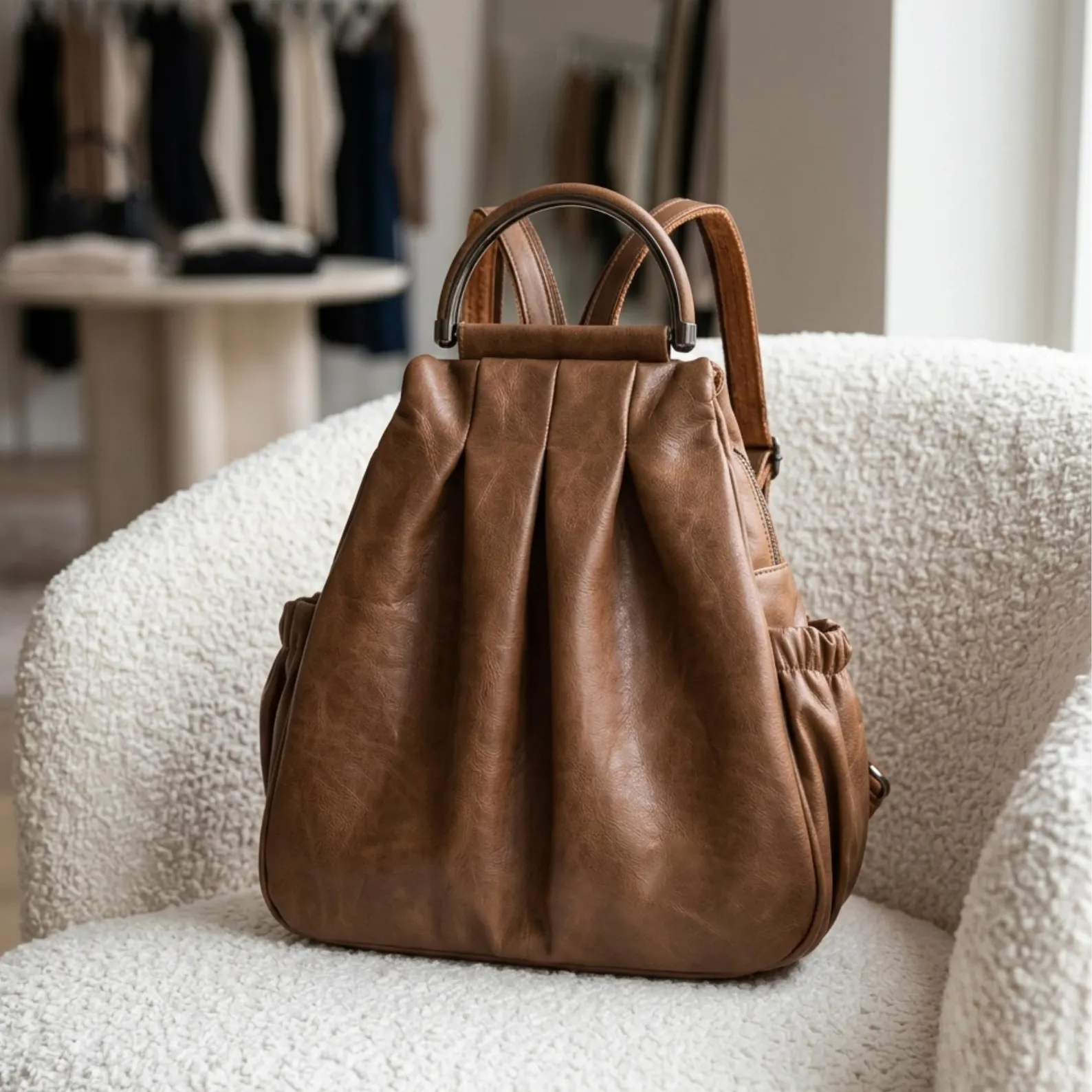 Ruched PU Leather Multi-Use Handheld Bucket Backpack Bag