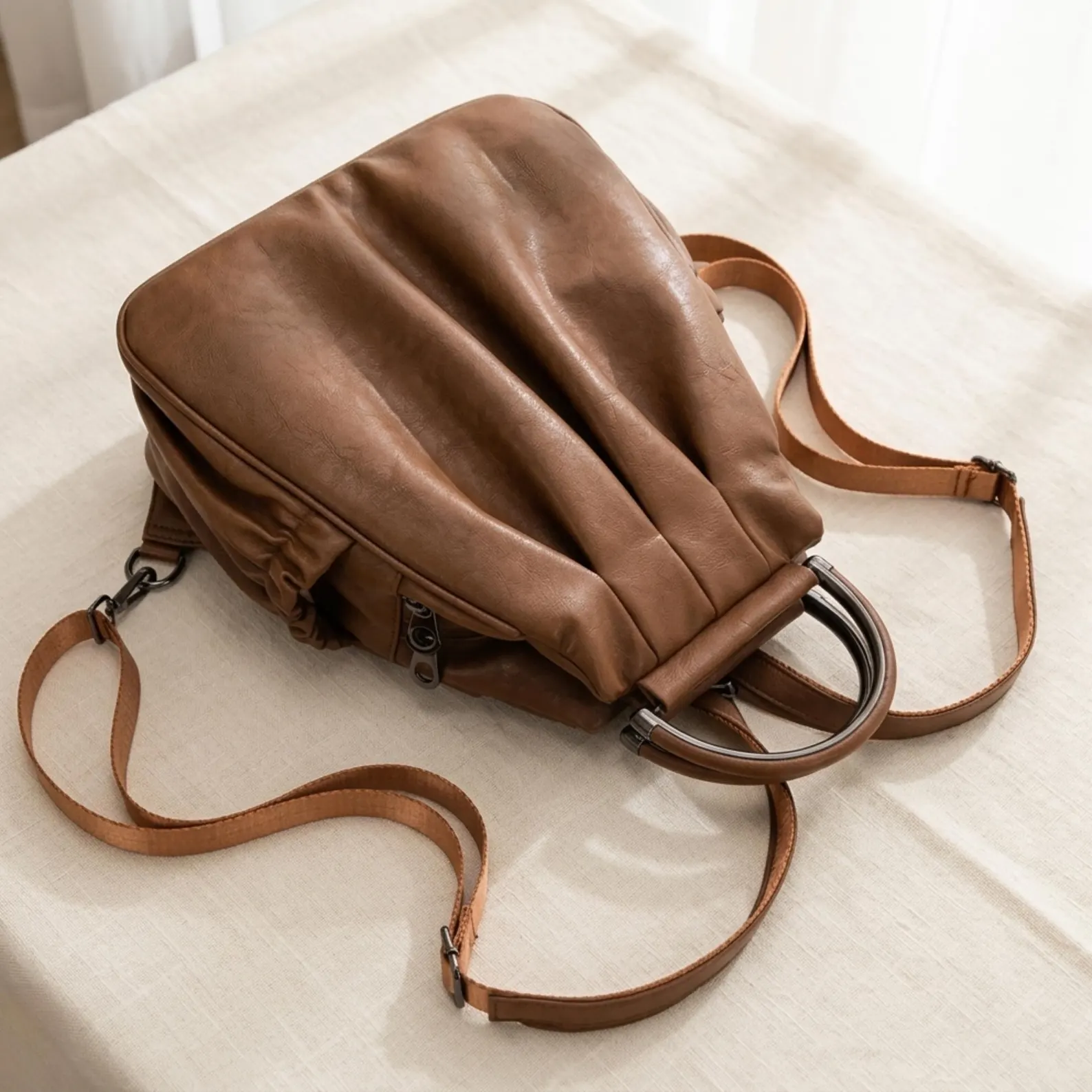 Ruched PU Leather Multi-Use Handheld Bucket Backpack Bag