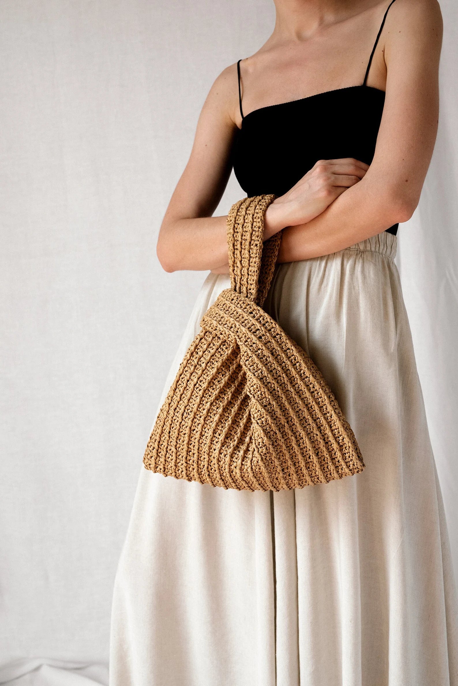 Raffia Hand Crochet Triangle Wrist Tote Bag