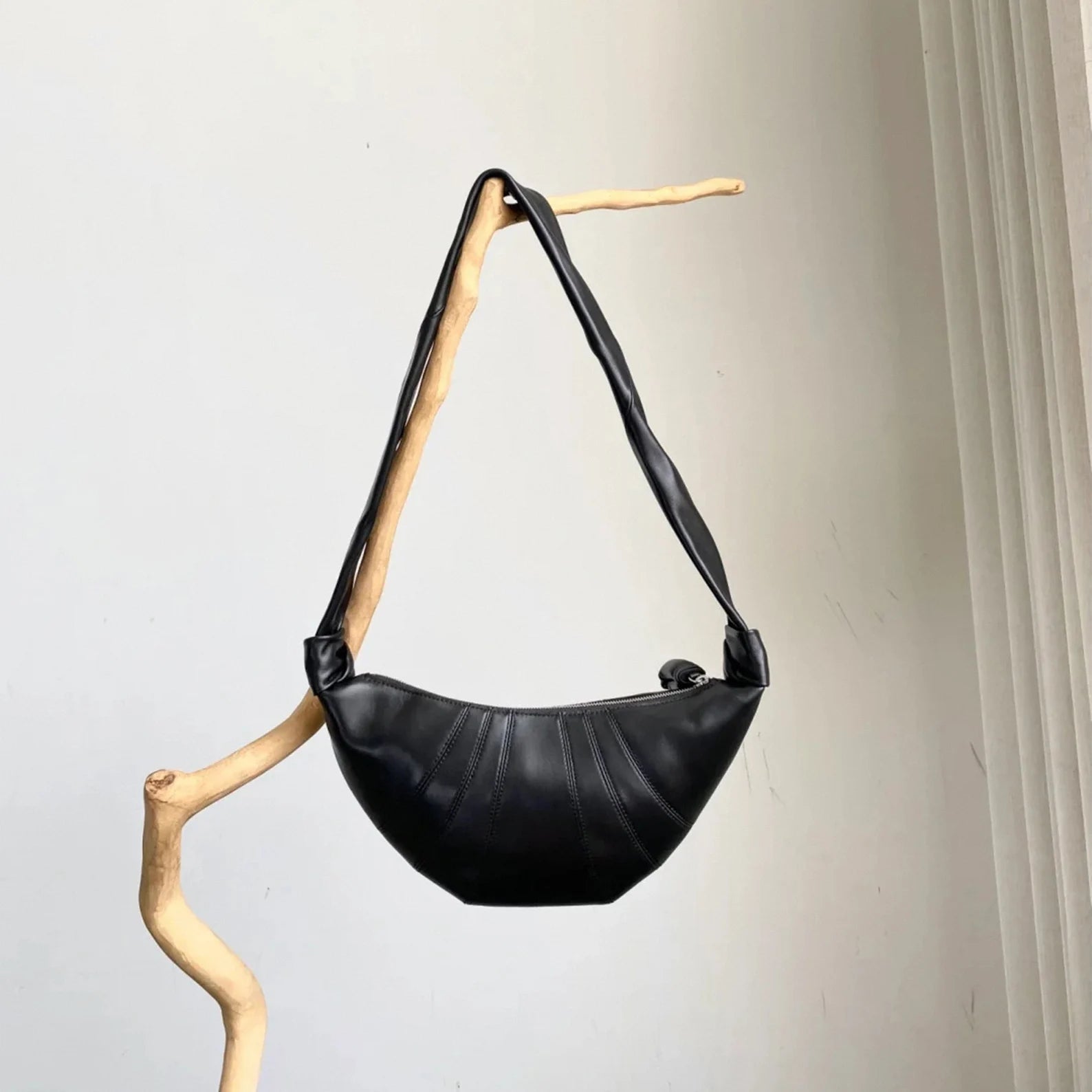 Knot Detail Stitched Leather Medium Crescent Shoulder Bag
