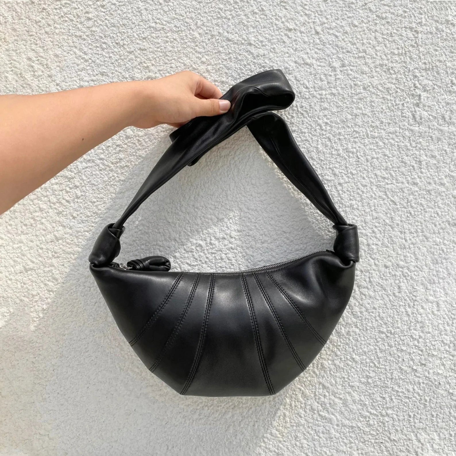 Knot Detail Stitched Leather Medium Crescent Shoulder Bag