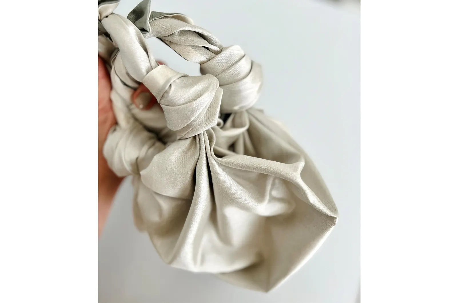 Handmade Two-Tone Satin Bojagi Knot Drawstring Mini Wrist Bag