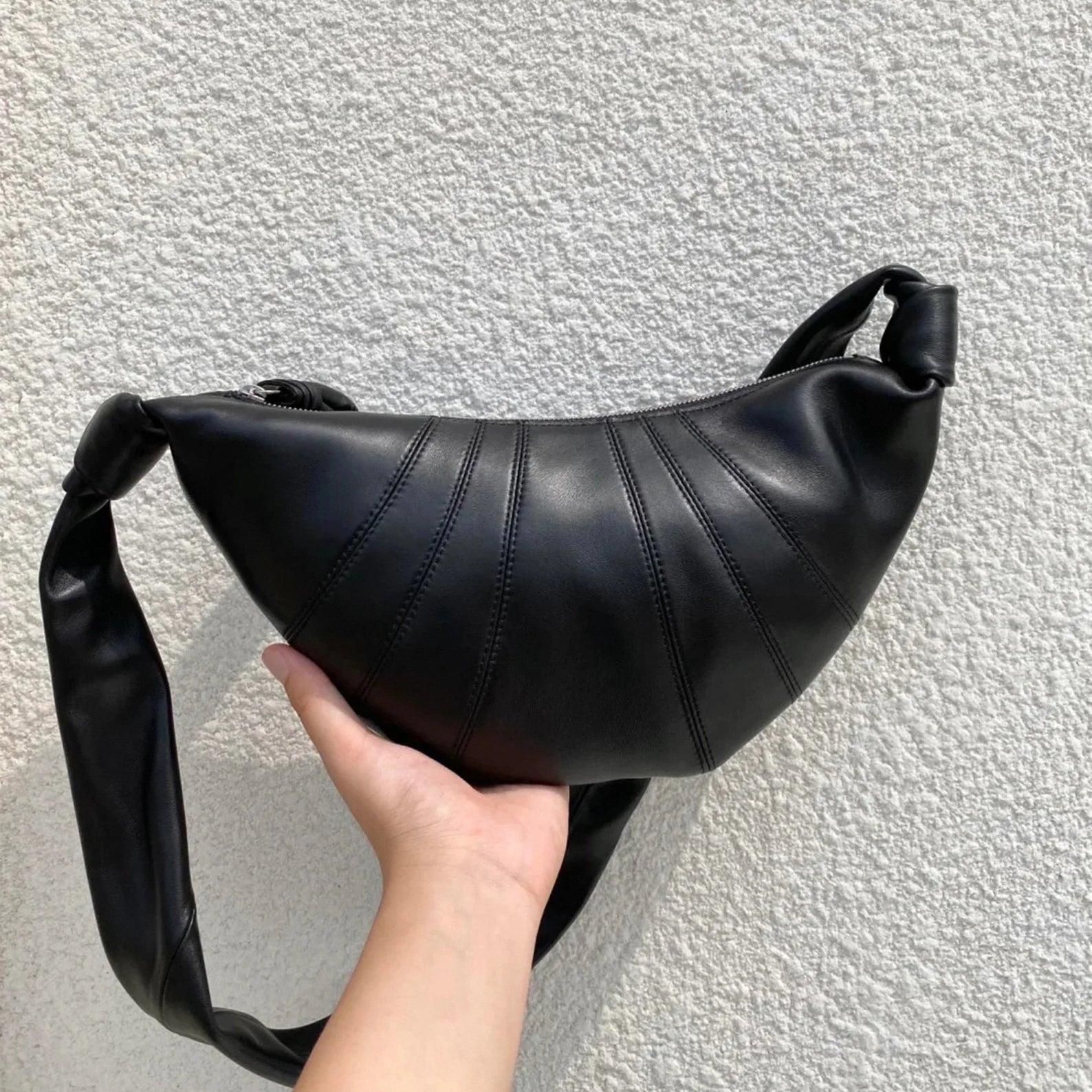 Knot Detail Stitched Leather Medium Crescent Shoulder Bag