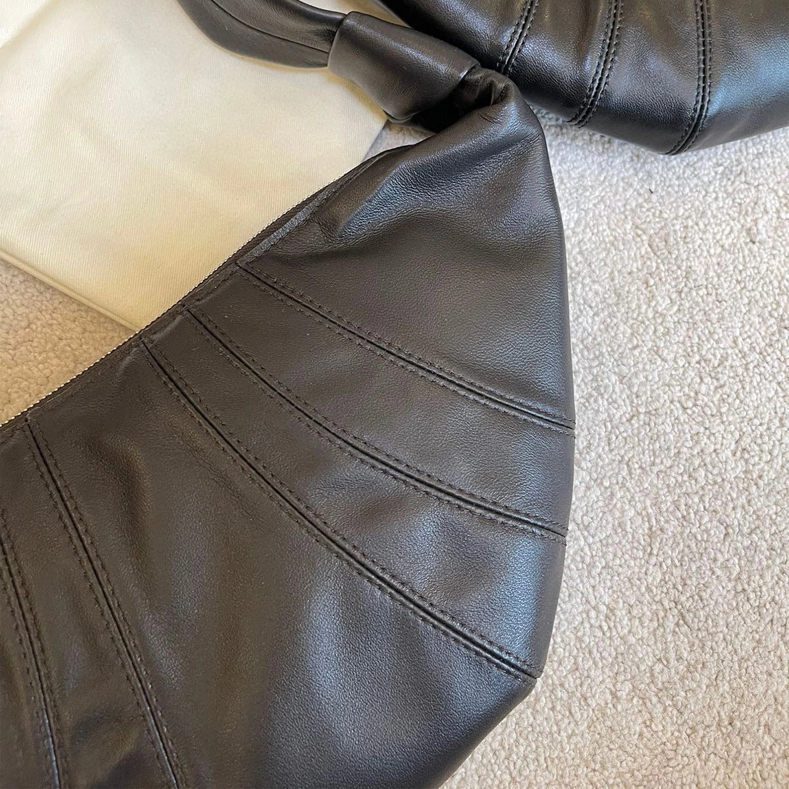 Knot Detail Stitched Leather Medium Crescent Shoulder Bag