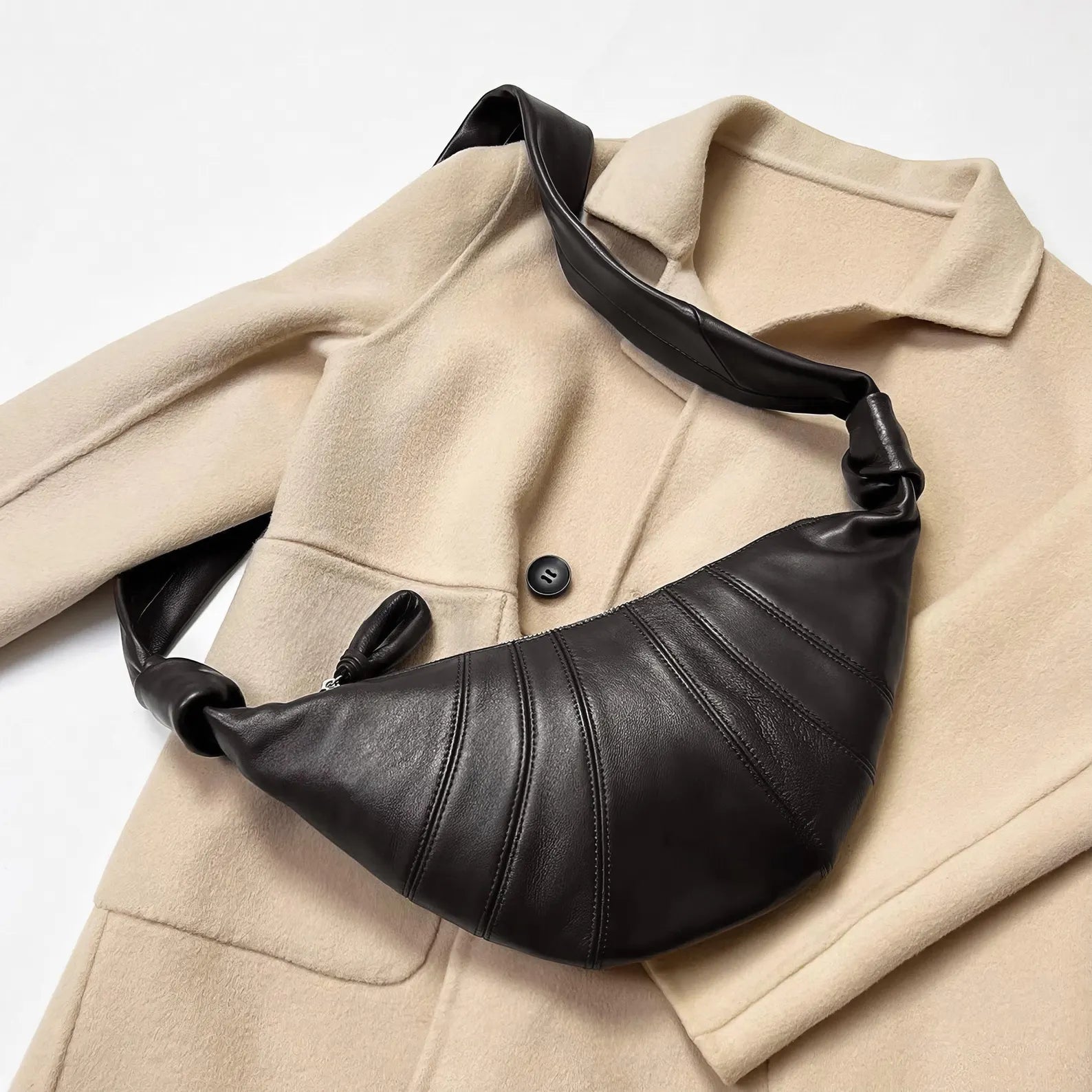 Knot Strap Paneled Leather Large Crescent Crossbody Bag