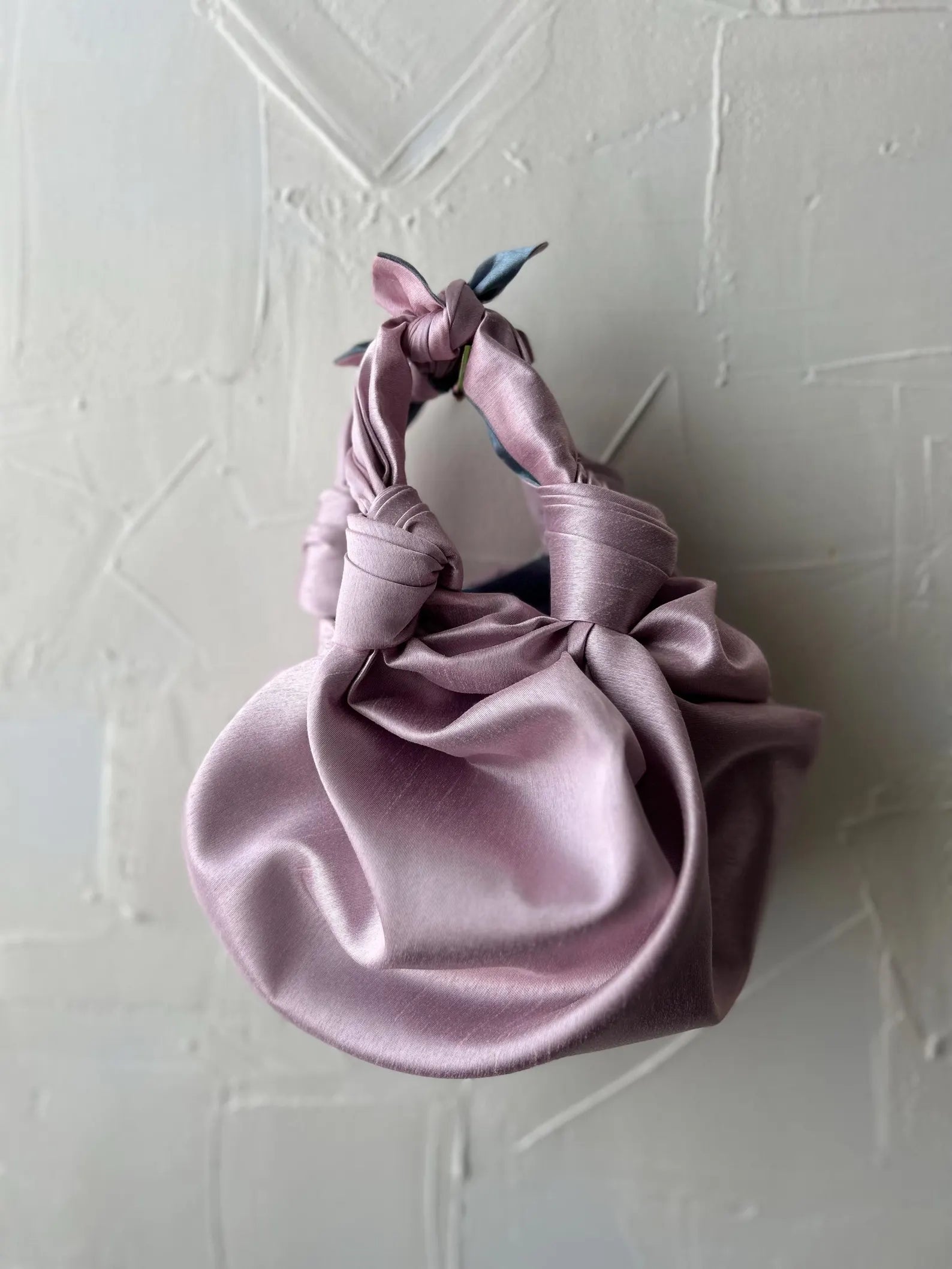 Handmade Two-Tone Satin Bojagi Knot Drawstring Mini Wrist Bag