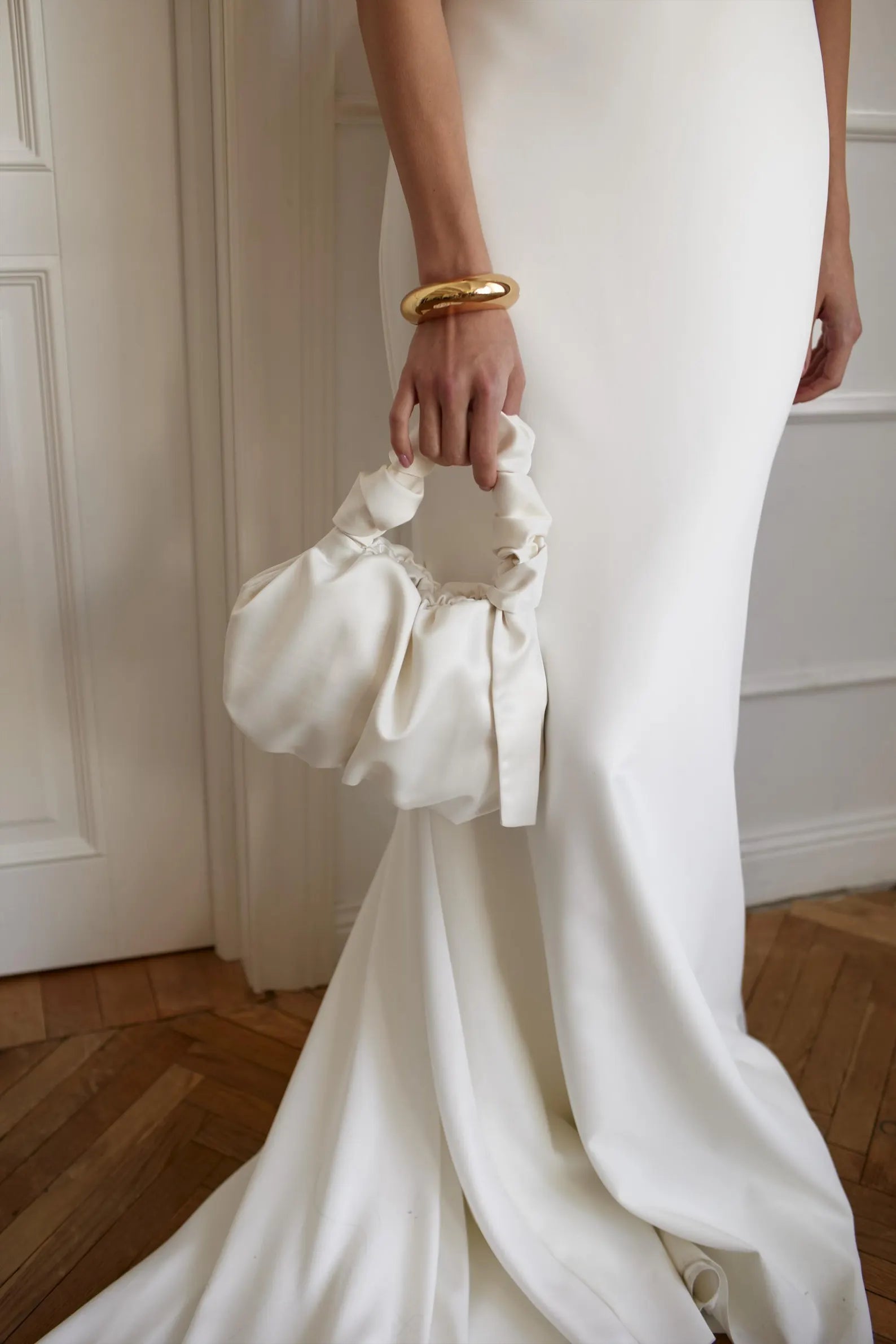 Handmade Ivory Satin Furoshiki Knot Evening Wrist Bag