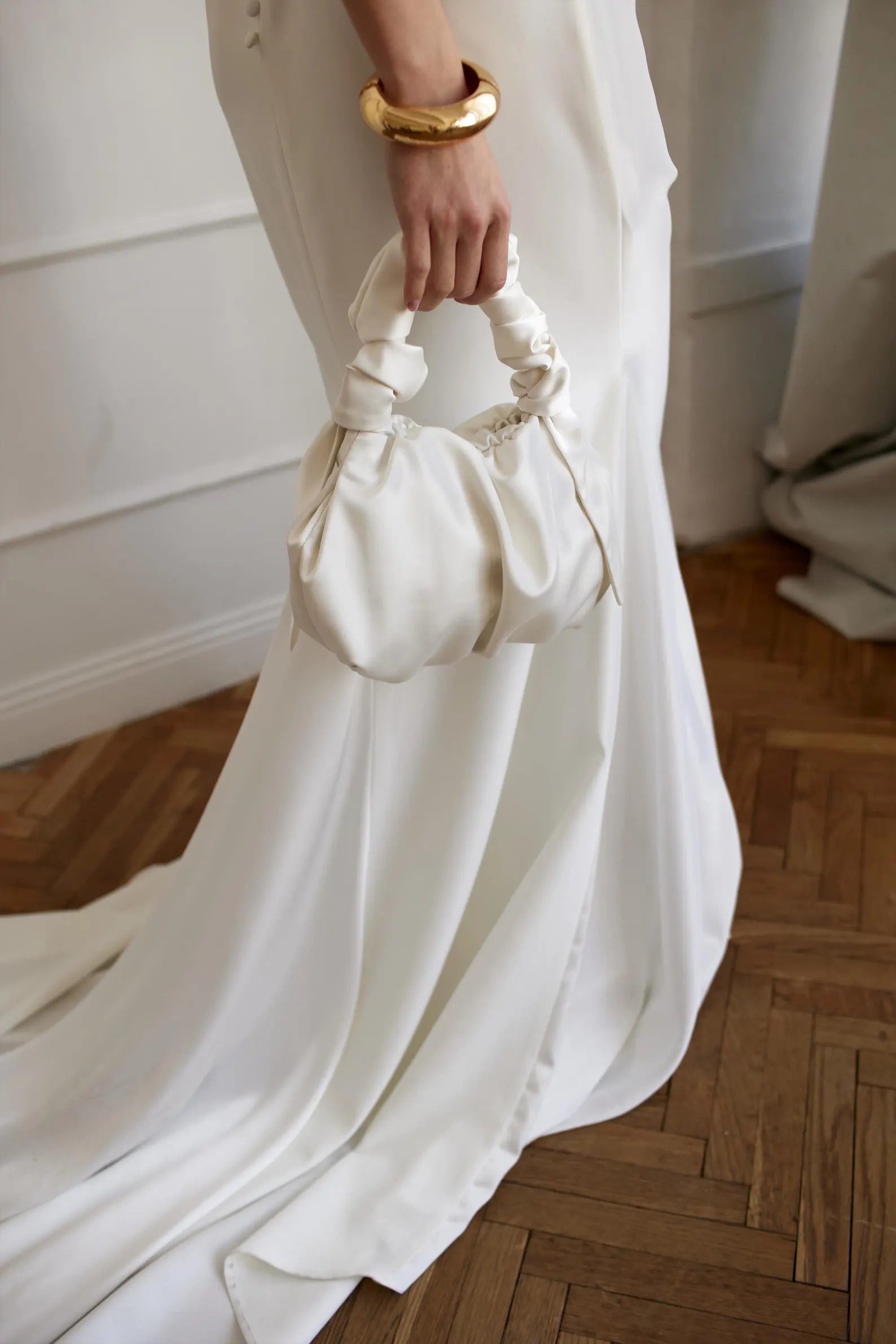 Handmade Ivory Satin Furoshiki Knot Evening Wrist Bag