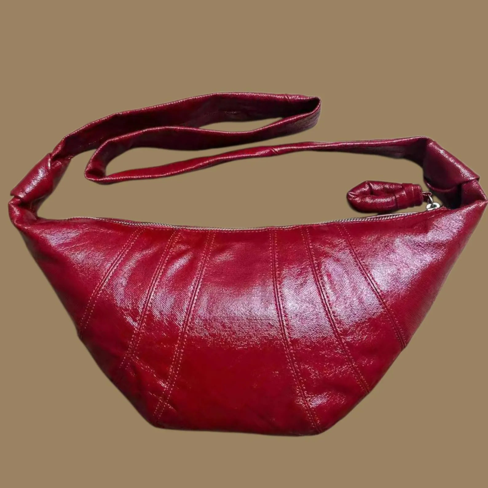 Glossy Red Stitched Knotted Strap Medium Crescent Crossbody Bag