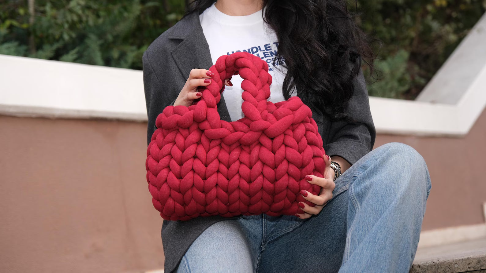 Chunky Cloud Yarn Hand Knitted Medium Marshmallow Tote Bag