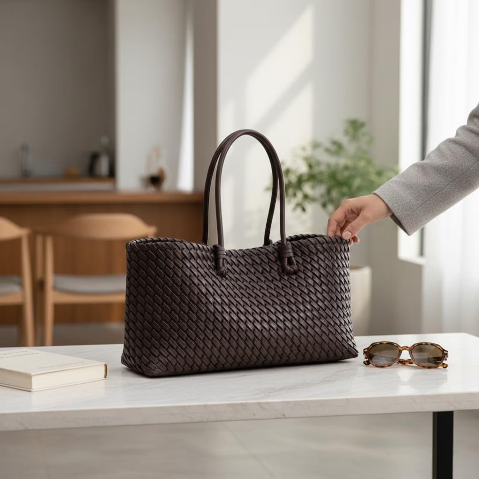 Hand Woven Dark Brown Leather Medium Shoulder Tote Bag