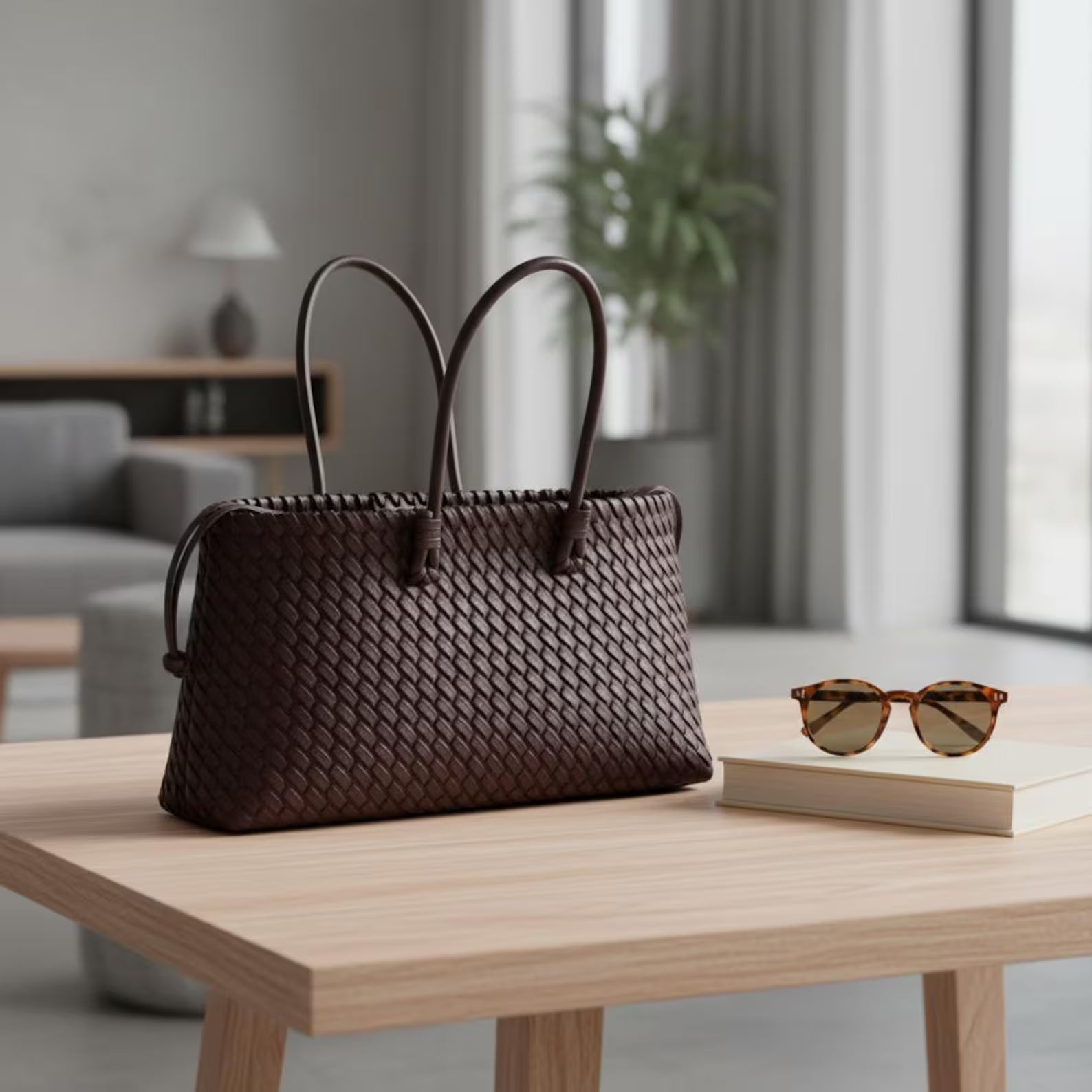 Hand Woven Dark Brown Leather Medium Shoulder Tote Bag