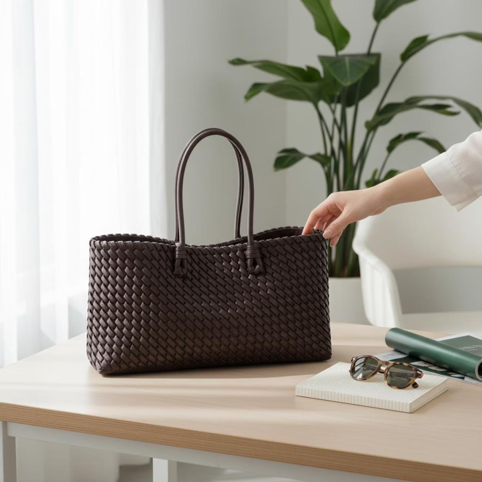 Hand Woven Dark Brown Leather Medium Shoulder Tote Bag