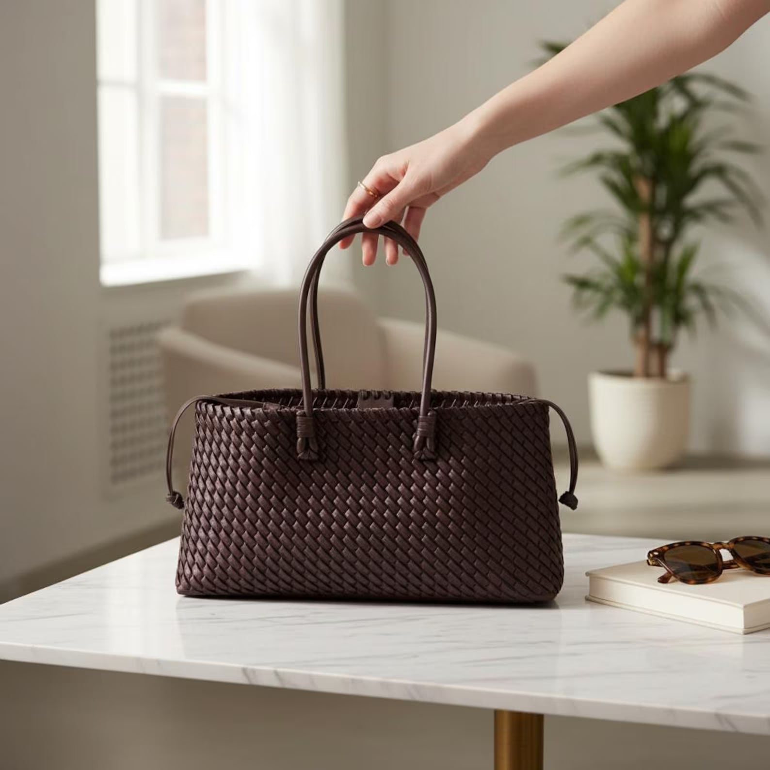 Hand Woven Dark Brown Leather Medium Shoulder Tote Bag