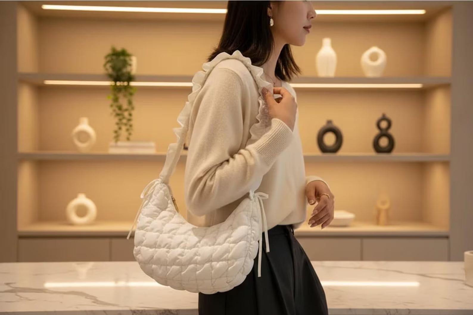 Ruffle Quilted Drawstring Lightweight Crescent Shoulder Crossbody Bag