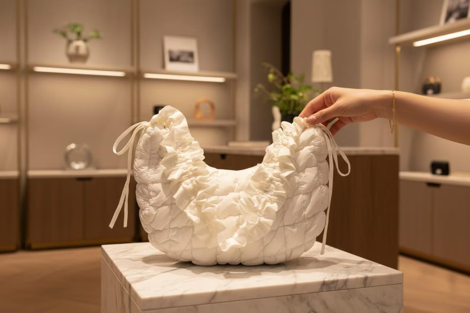 Ruffle Quilted Drawstring Lightweight Crescent Shoulder Crossbody Bag