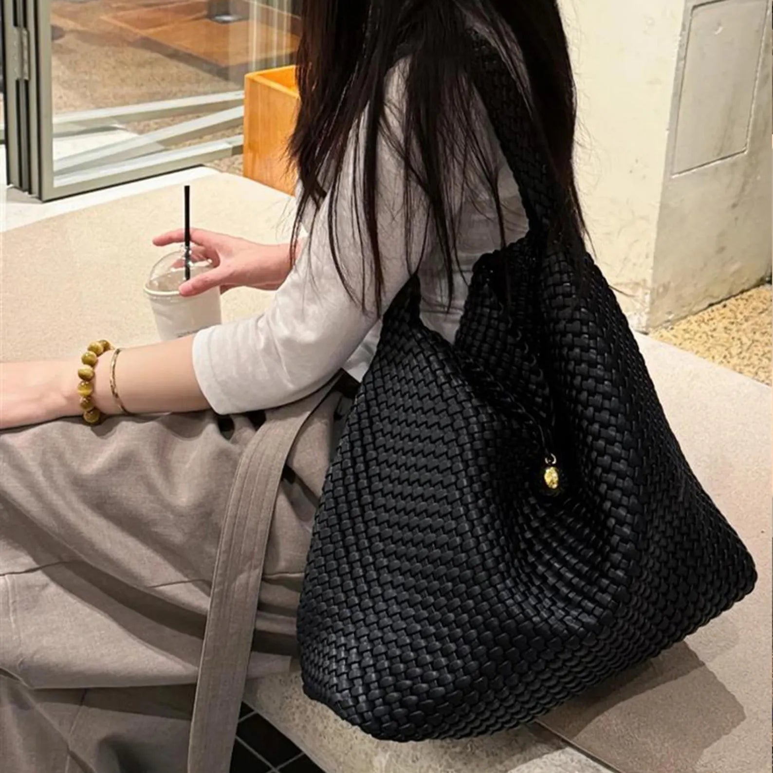Hand Woven Soft Genuine Leather Large Hobo Shoulder Bag