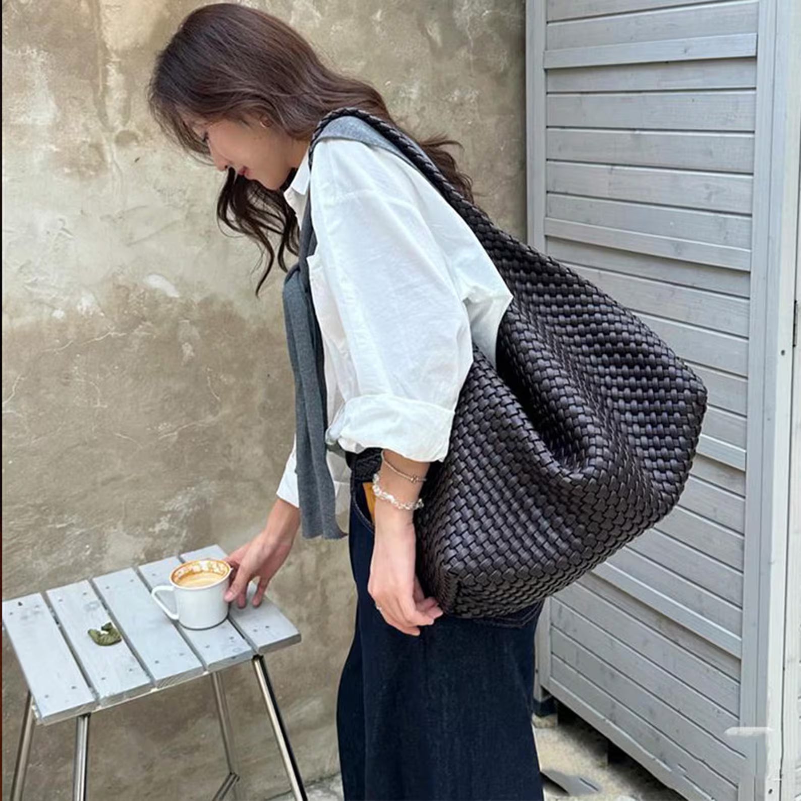 Hand Woven Soft Genuine Leather Large Hobo Shoulder Bag