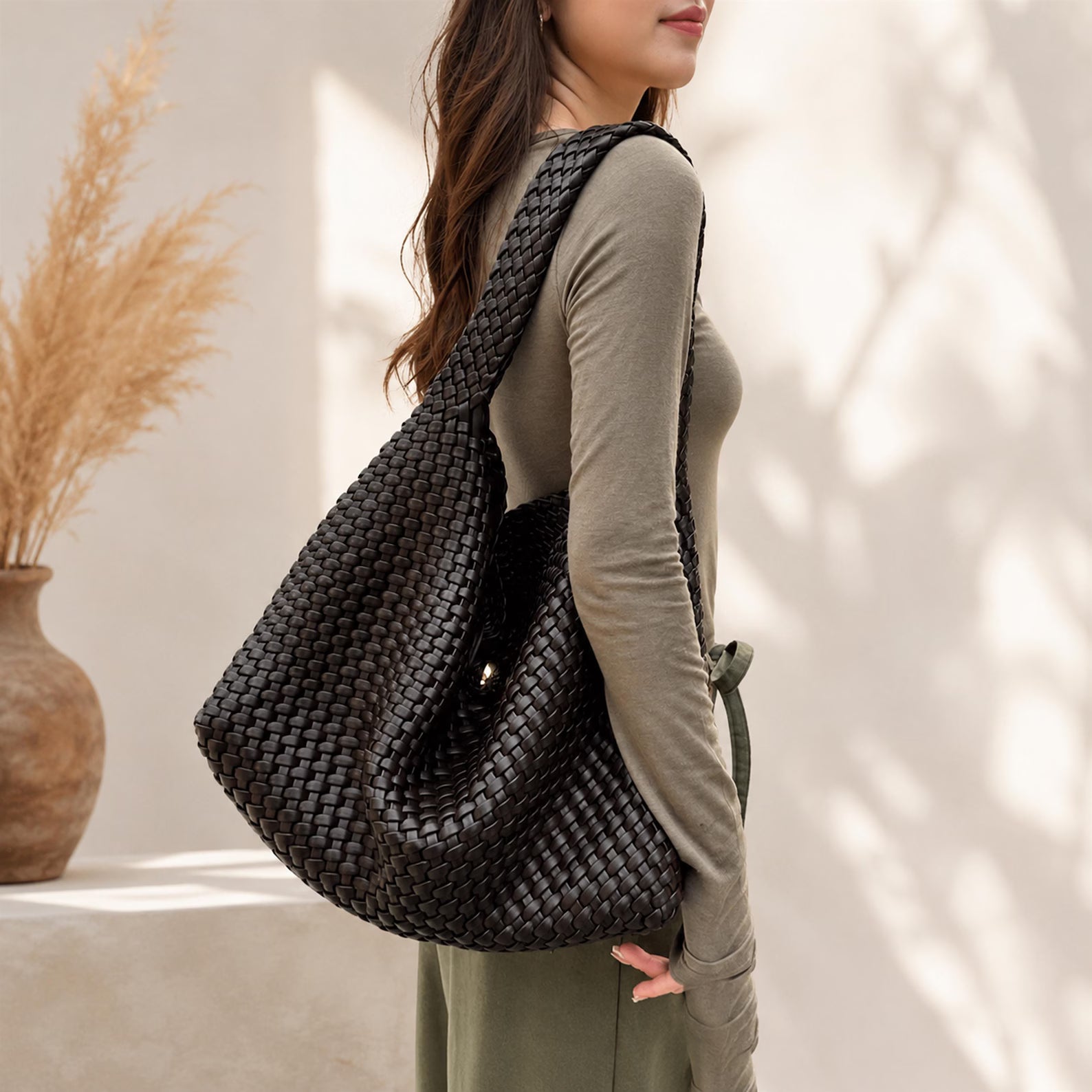 Hand Woven Soft Genuine Leather Large Hobo Shoulder Bag