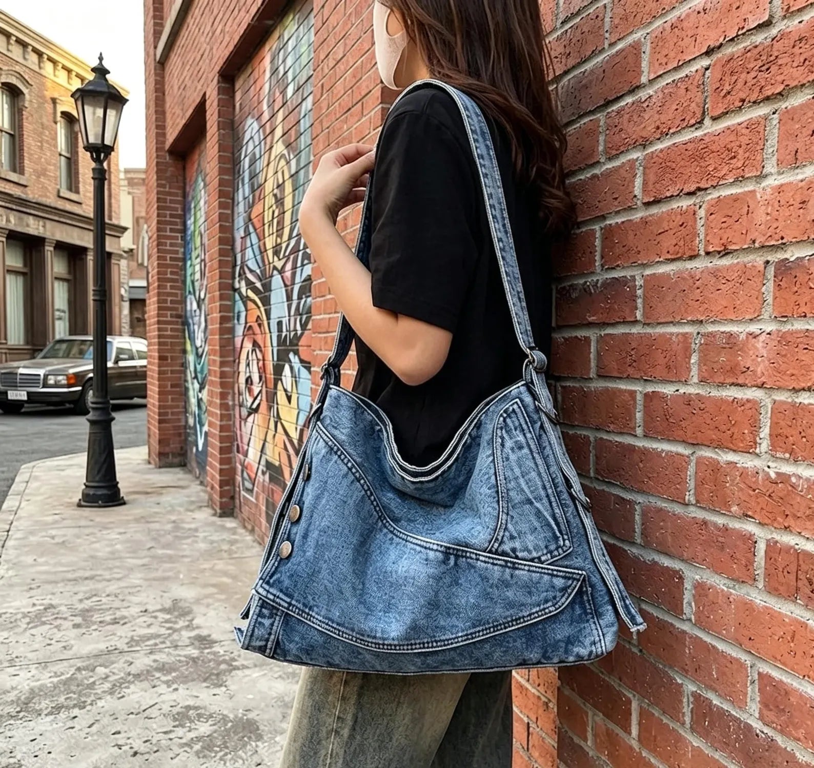 Vintage Washed Denim Multi-Pocket Adjustable Crossbody Hobo Bag