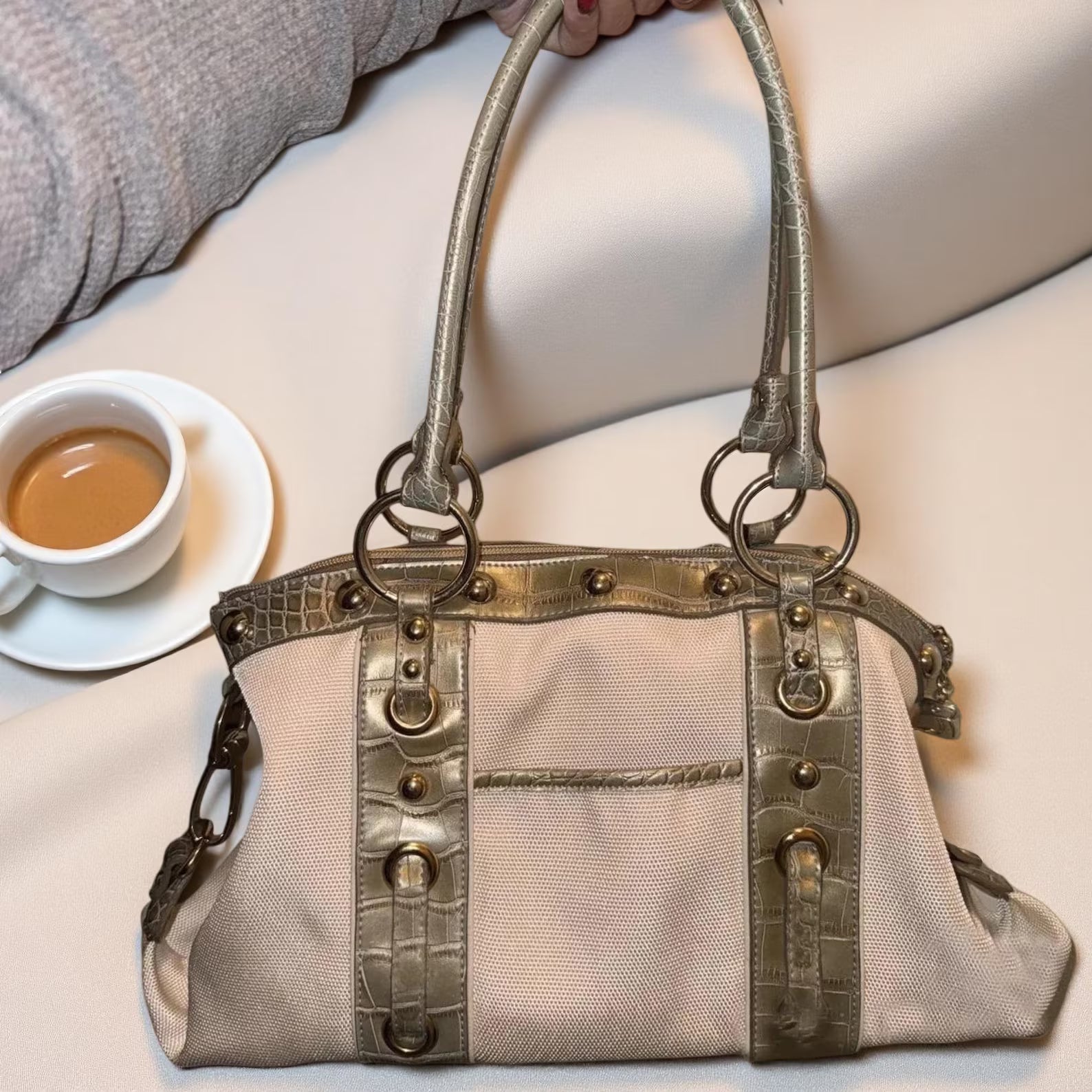 Vintage Rivet Croc Embossed Canvas Patchwork Shoulder Handbag