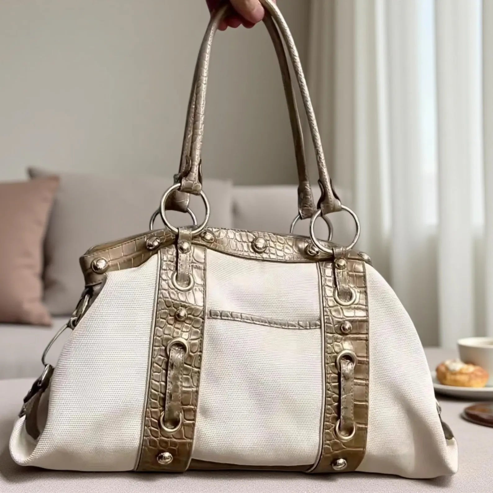 Vintage Rivet Croc Embossed Canvas Patchwork Shoulder Handbag