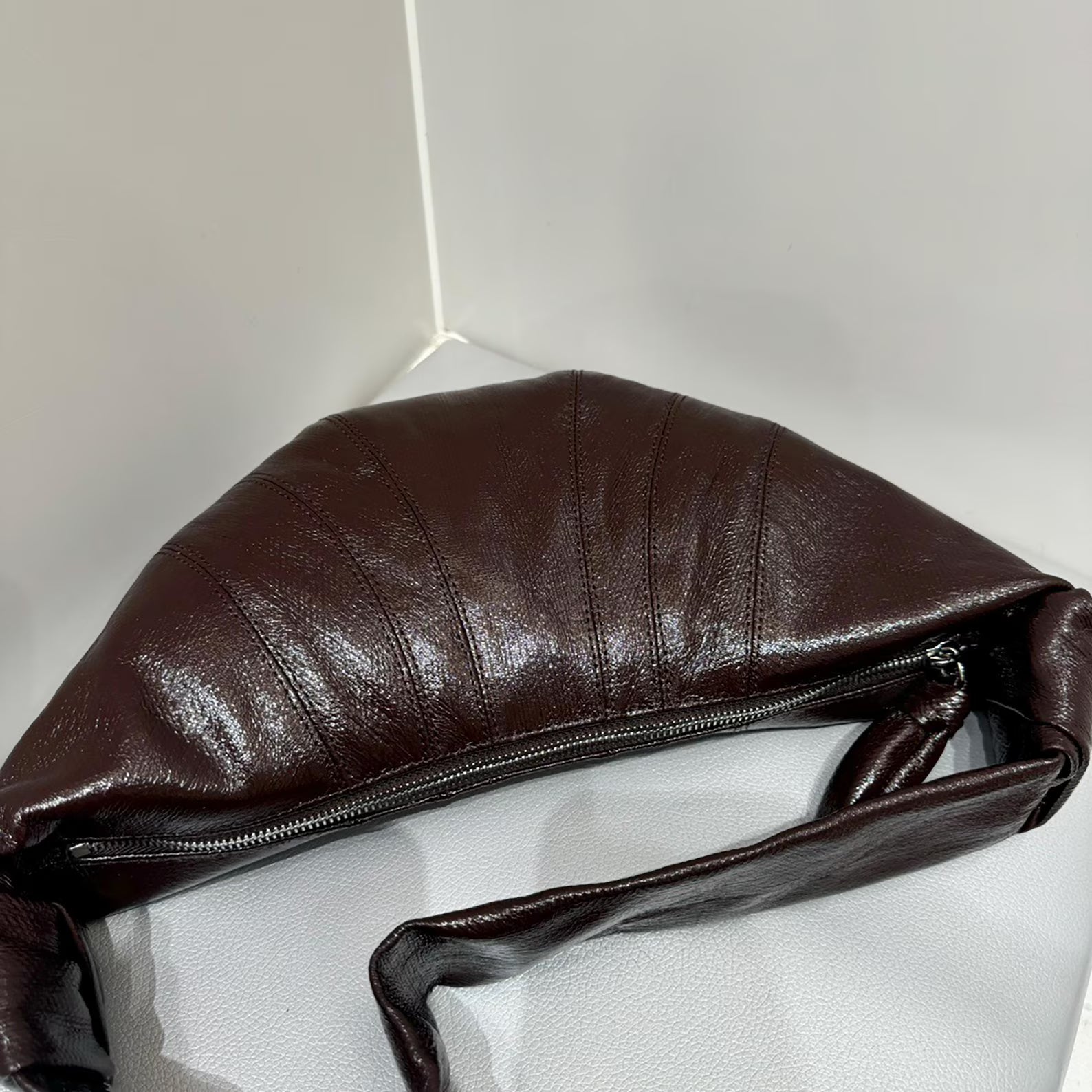 Glossy Pleated Leather Large Capacity Crescent Shoulder Tote Bag