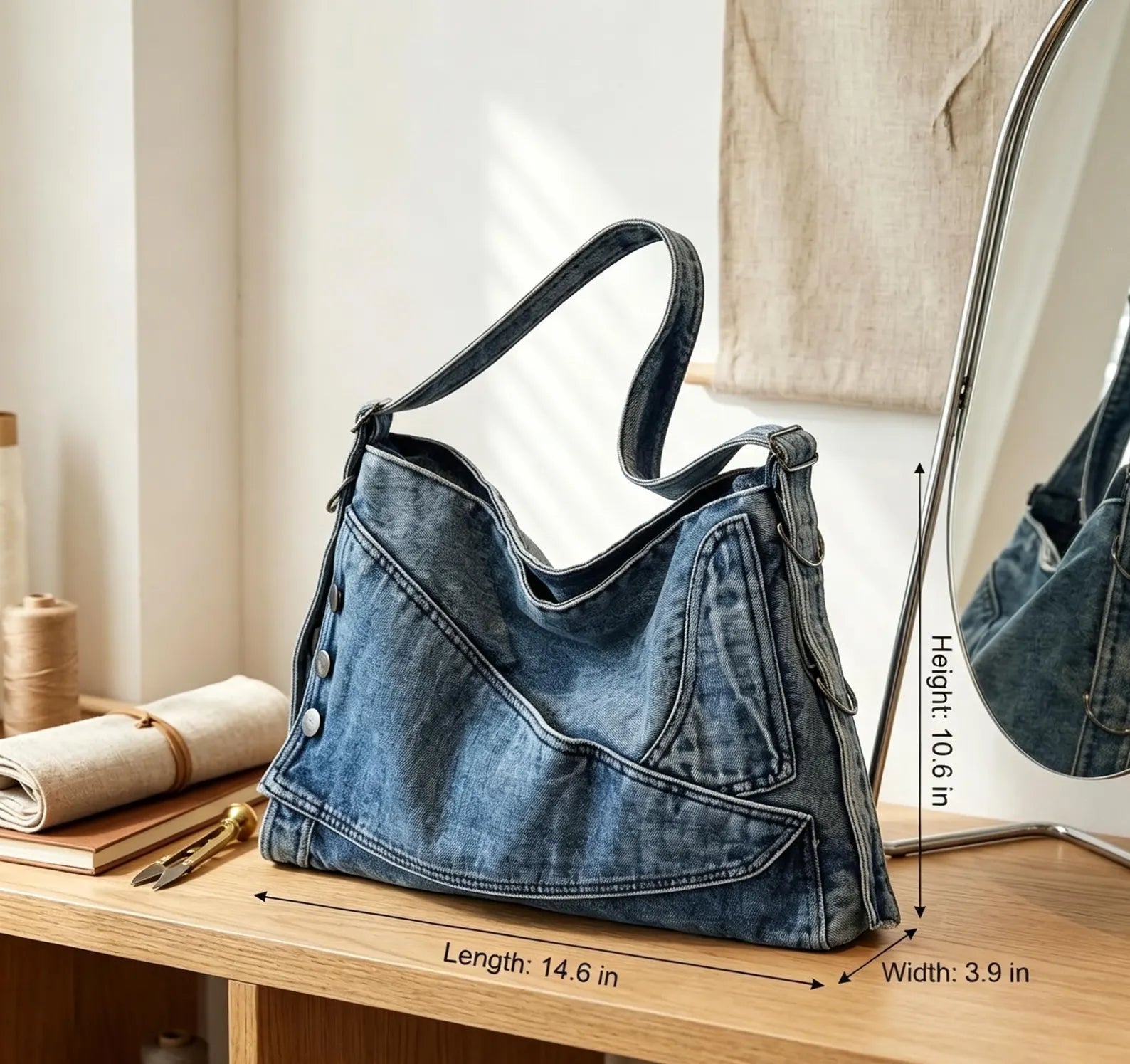 Vintage Washed Denim Multi-Pocket Adjustable Crossbody Hobo Bag