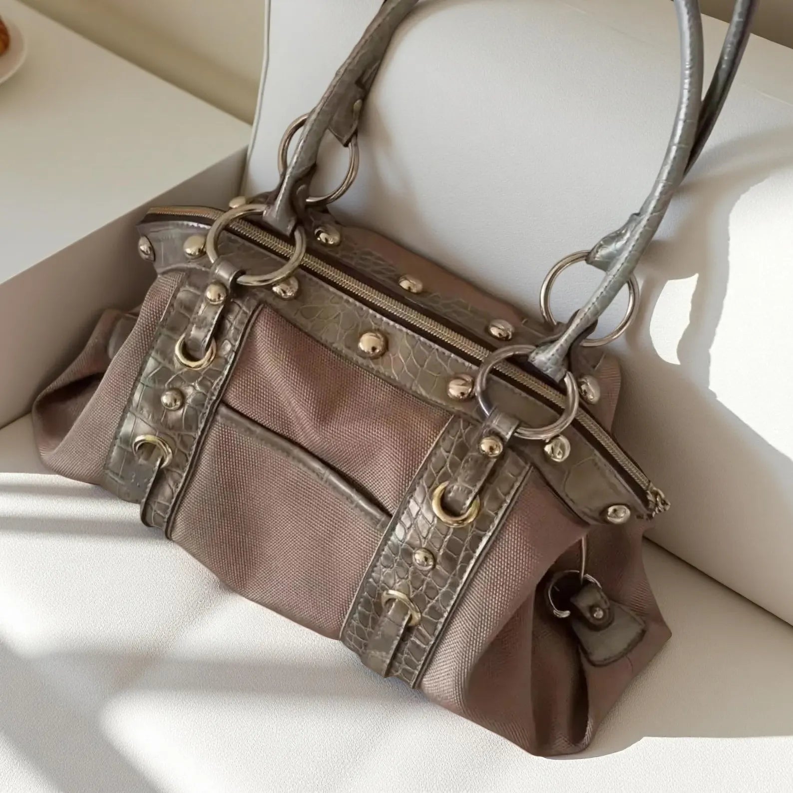 Vintage Rivet Croc Embossed Canvas Patchwork Shoulder Handbag