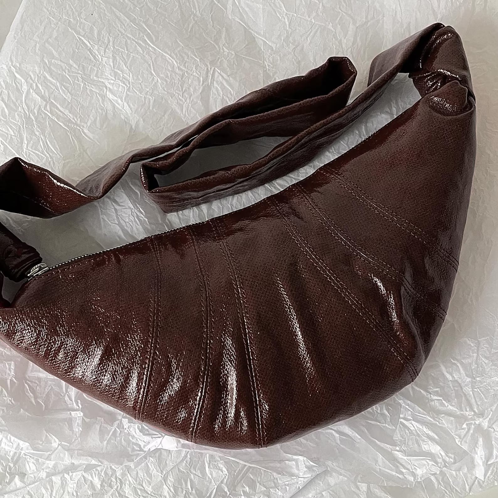 Glossy Pleated Leather Large Capacity Crescent Shoulder Tote Bag