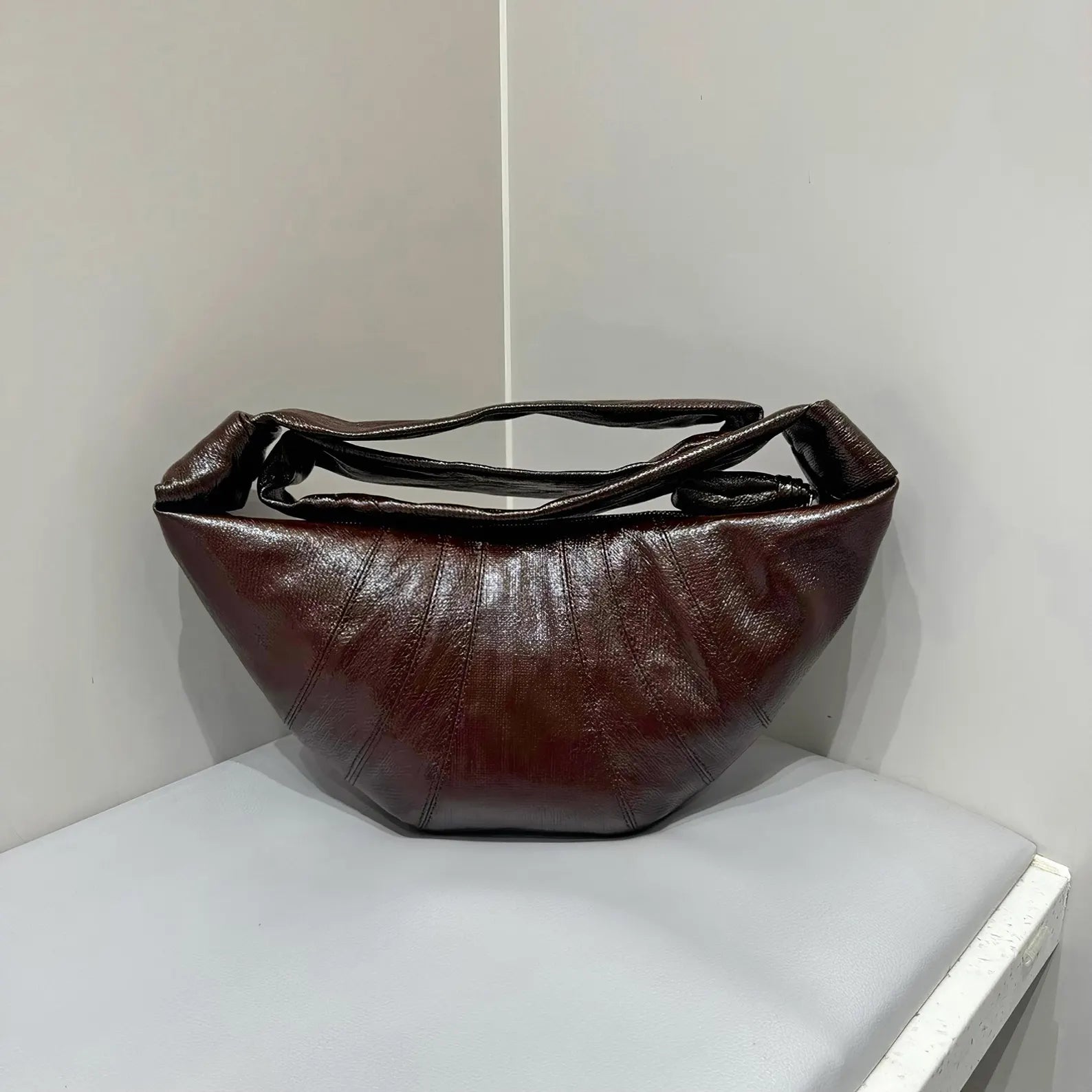 Glossy Pleated Leather Large Capacity Crescent Shoulder Tote Bag