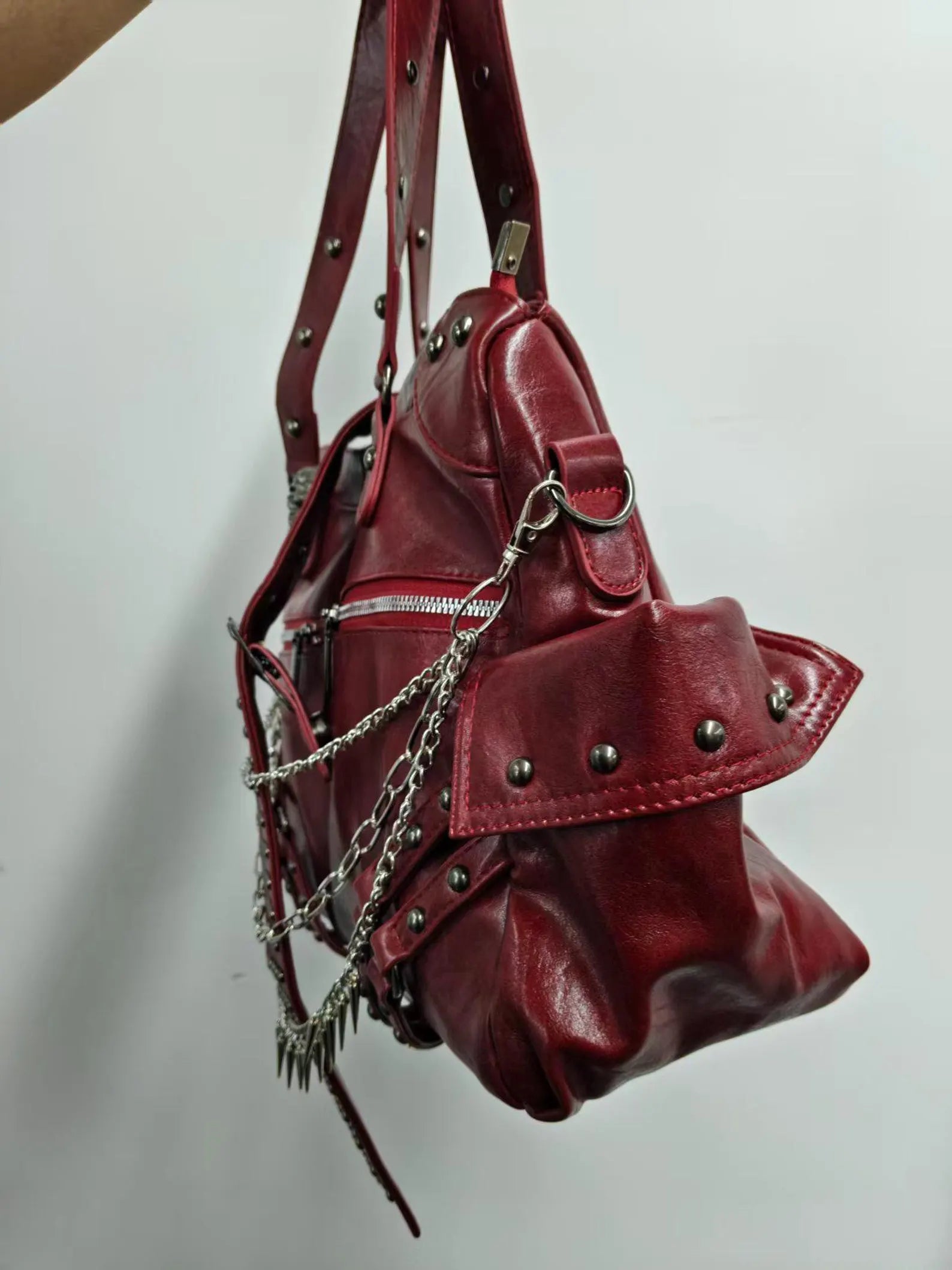 Gothic Skull Studded Chain Red Faux Leather Moto Shoulder Handbag