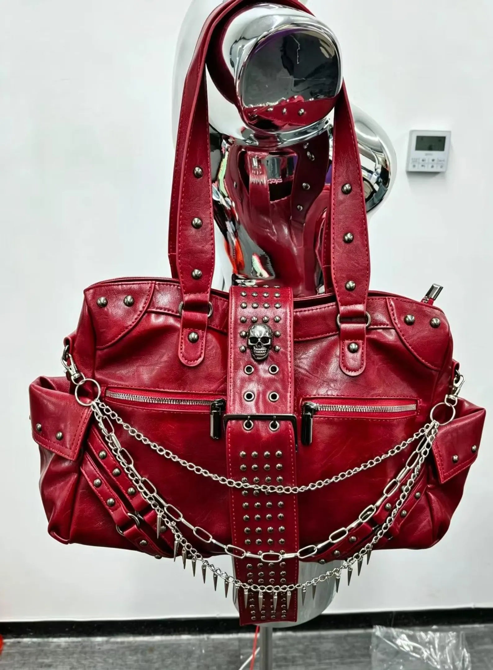 Gothic Skull Studded Chain Red Faux Leather Moto Shoulder Handbag