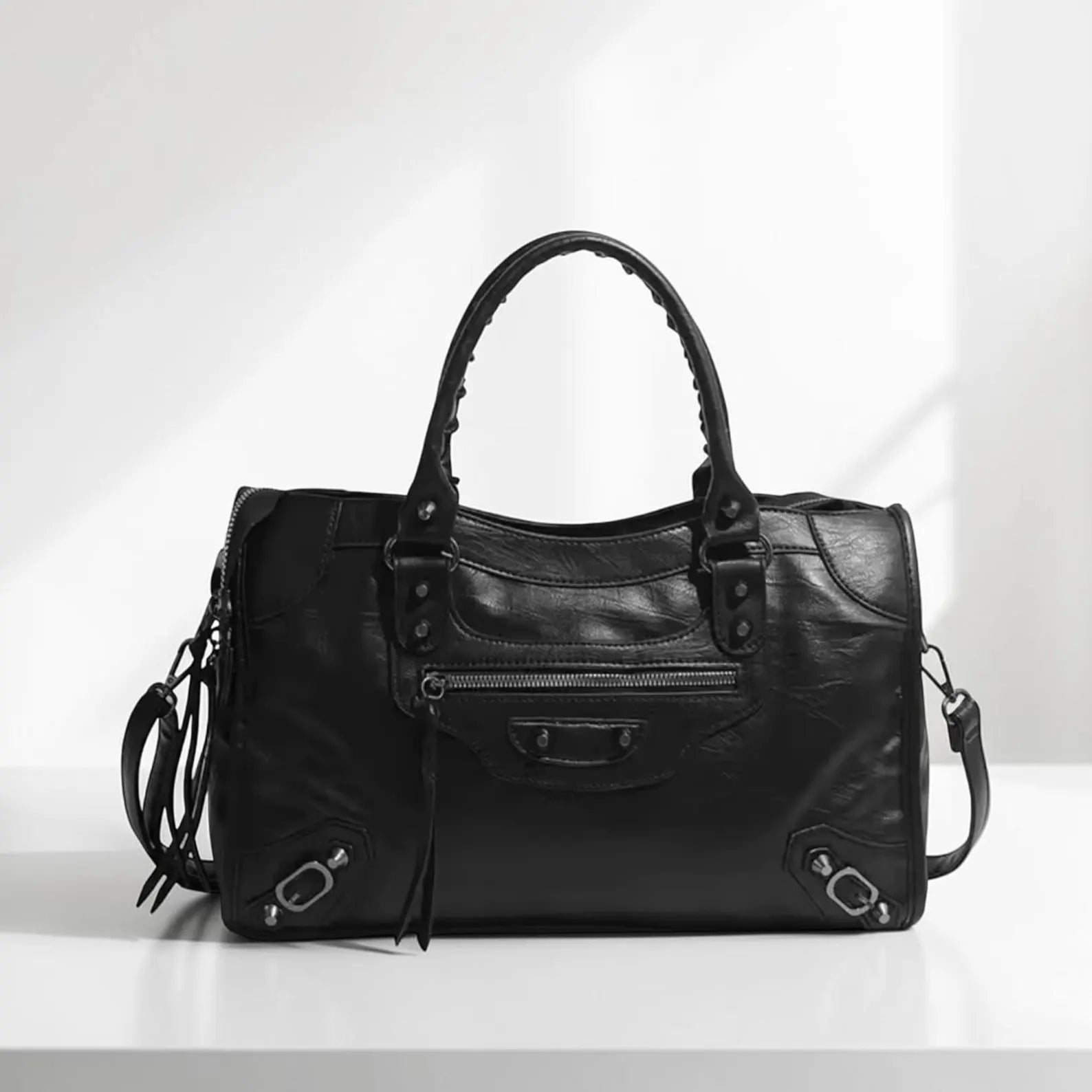 Vintage Washed Faux Leather Multi-Way Rivet Moto Shoulder Handbag