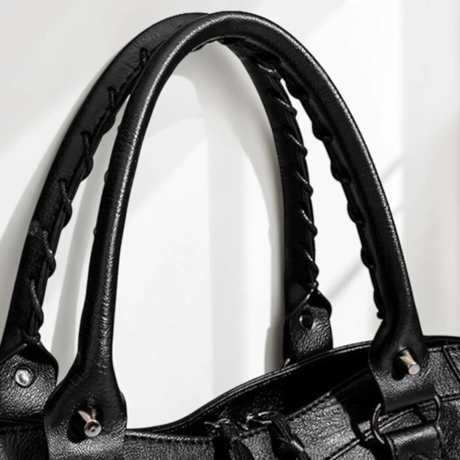 Vintage Washed Faux Leather Multi-Way Rivet Moto Shoulder Handbag
