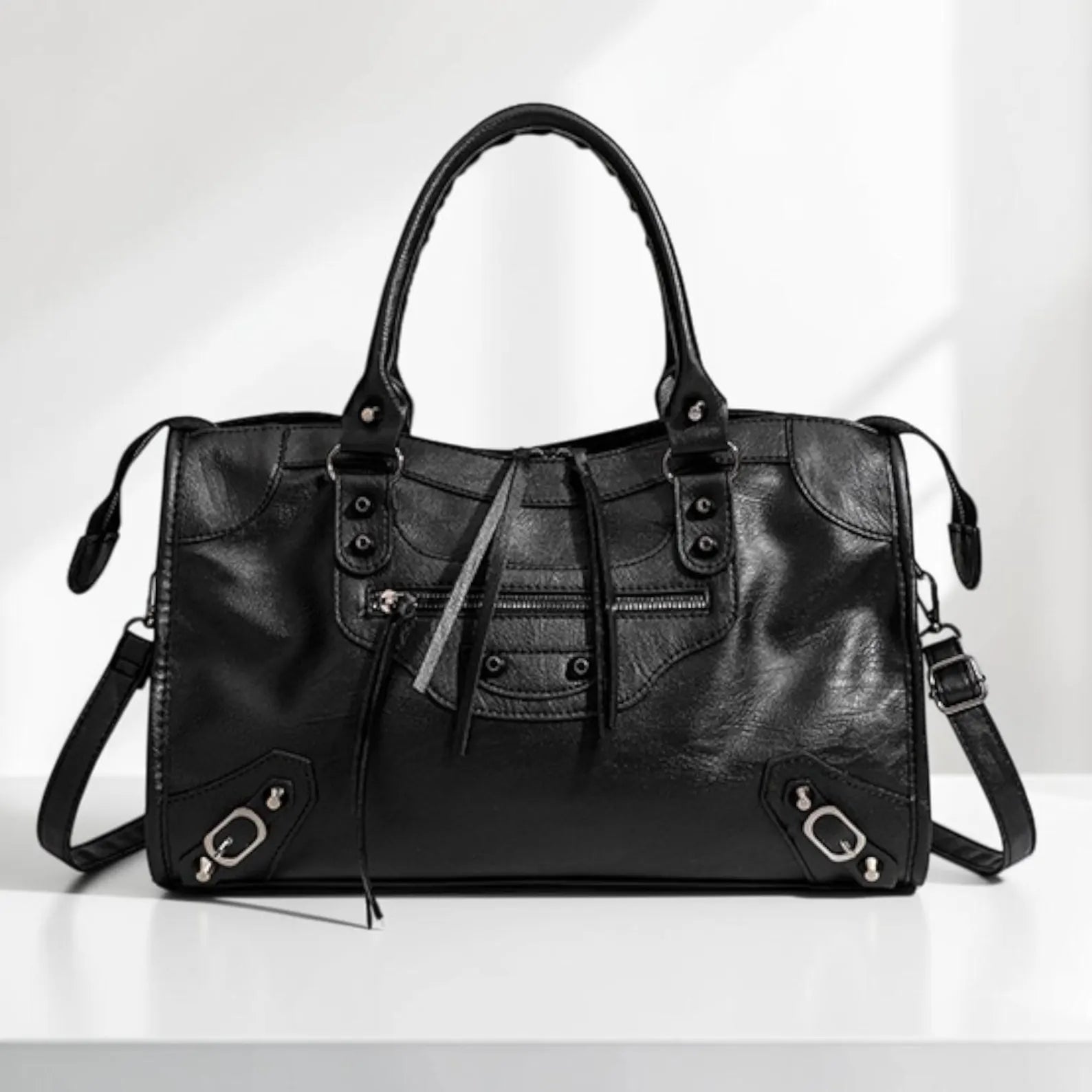 Vintage Washed Faux Leather Multi-Way Rivet Moto Shoulder Handbag