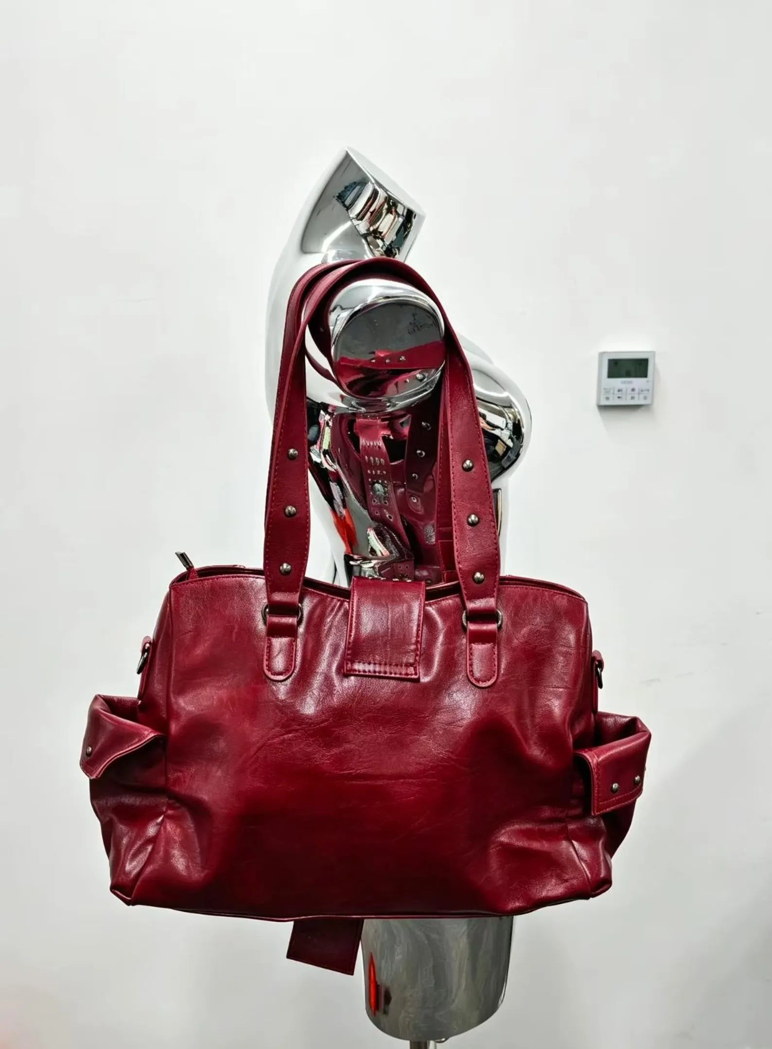 Gothic Skull Studded Chain Red Faux Leather Moto Shoulder Handbag