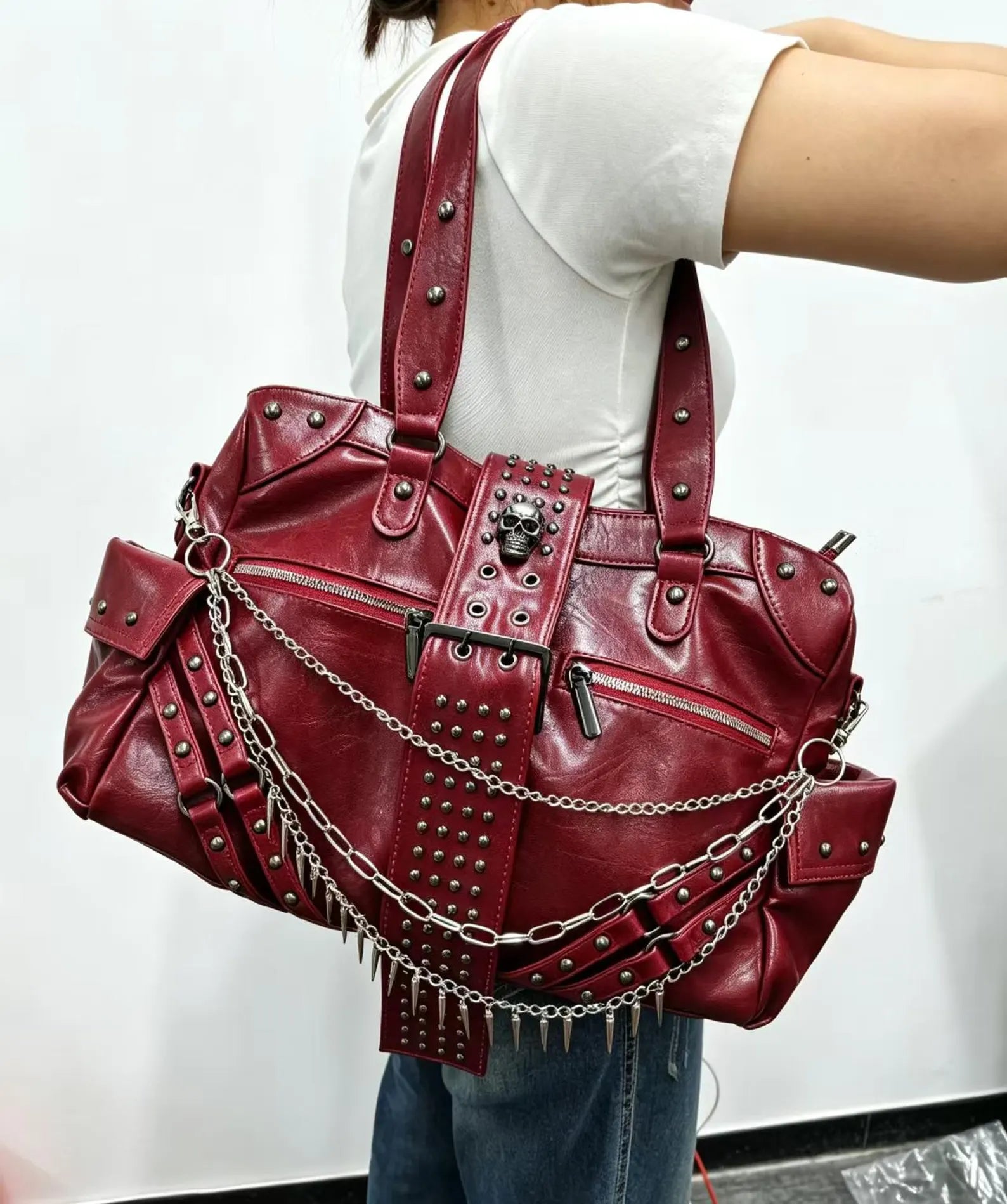 Gothic Skull Studded Chain Red Faux Leather Moto Shoulder Handbag